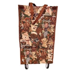 Vintage Collapsable Teddy Bear Tapestry Shopping Cart Bag Tote w/ Wheels Pioneer